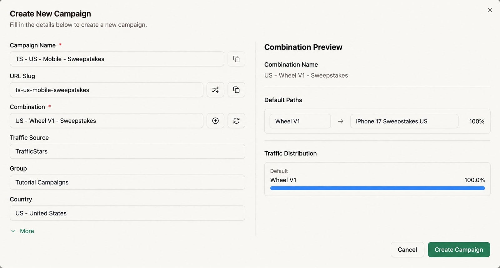 Proferex's Create New Campaign form filled with a sample US sweepstakes campaign, TrafficStars source, and wheel prelander combination.